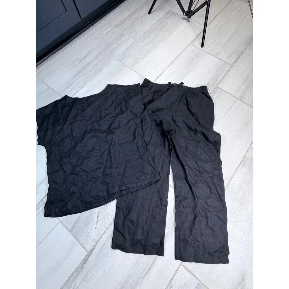 Quince Black 100% European Linen Pajama Set Short Sleeve Top Drawstring Pants S